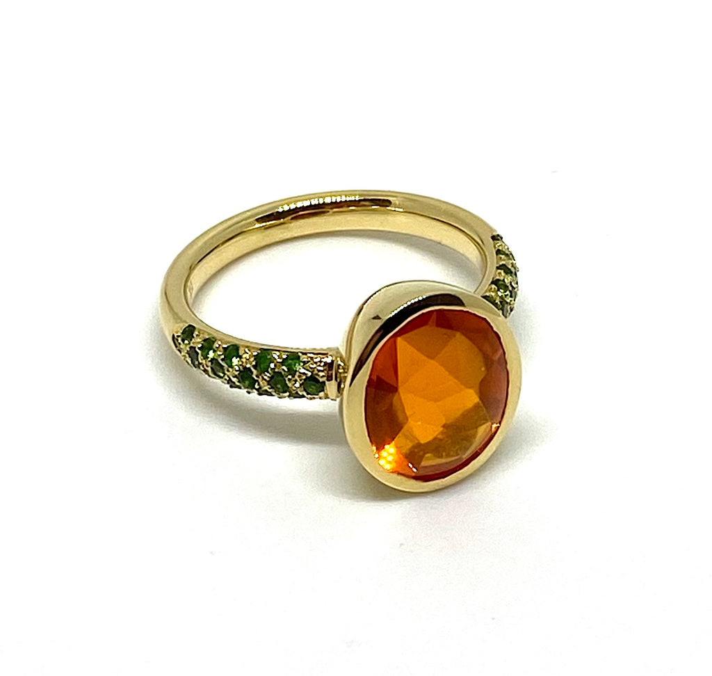 Fire Opal and Tsavorite Garnet 18Kt Ring