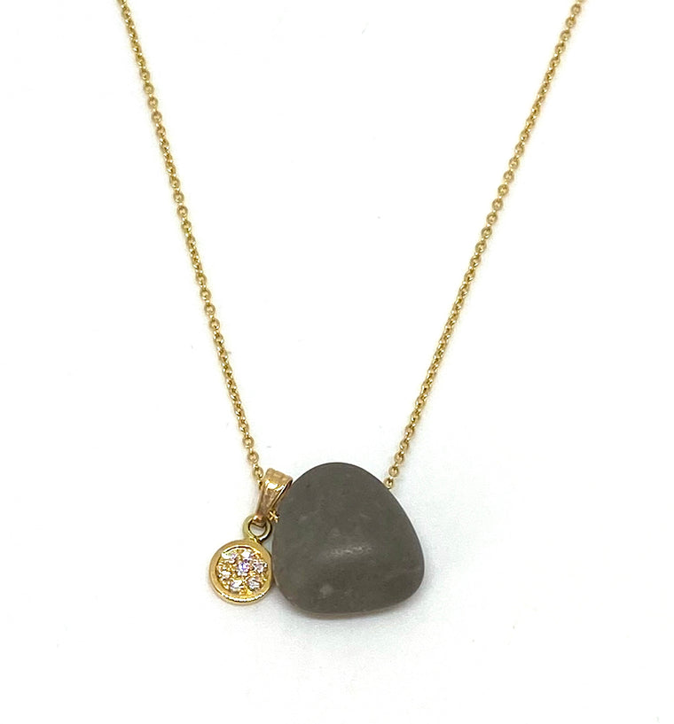 Gold Necklace with Gray Pebble and Diamonds